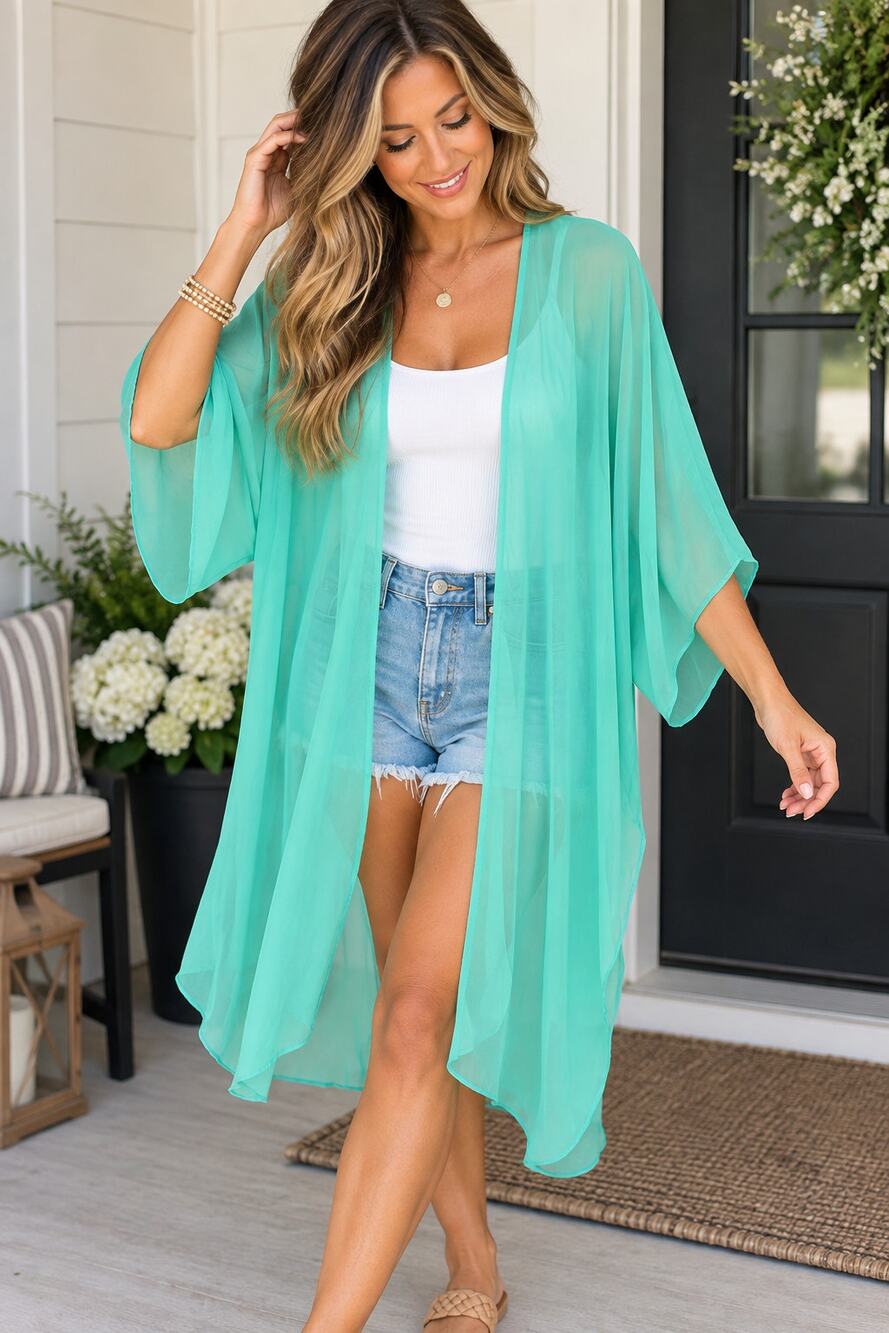 Adora Turquoise Sheer Kimono Cardigan Open Front Lightweight Duster Size Small